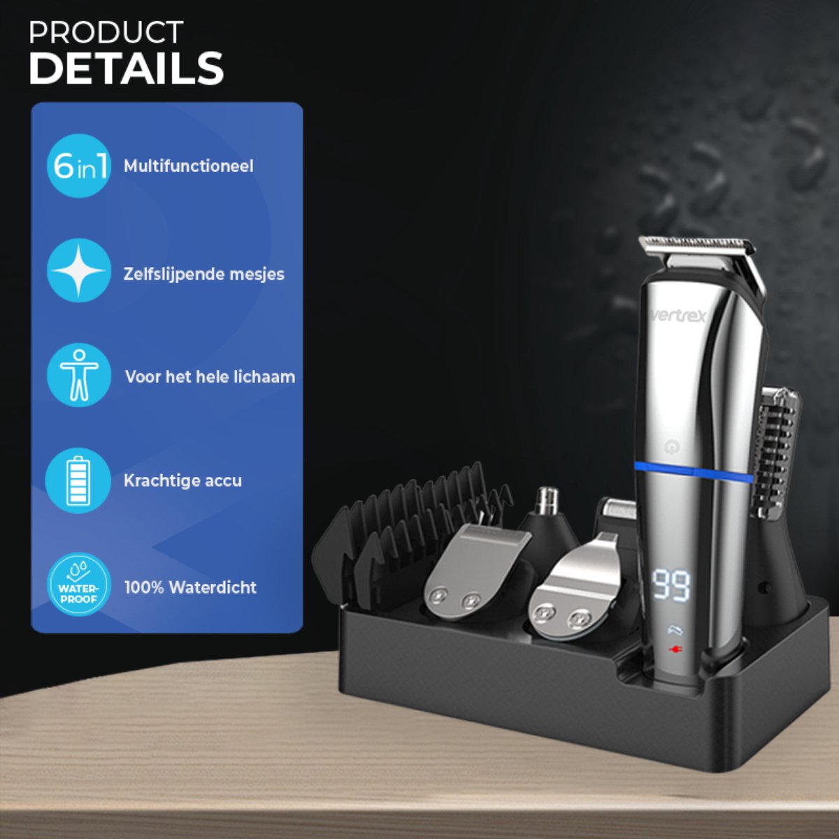 Vertrex 6 in 1 Baardtrimmer Pro+ Bodygroomer Mannen - Neustrimmer - Tondeuse - Scheerapparaat - Trimmer Baard en Lichaam thumbnail 7