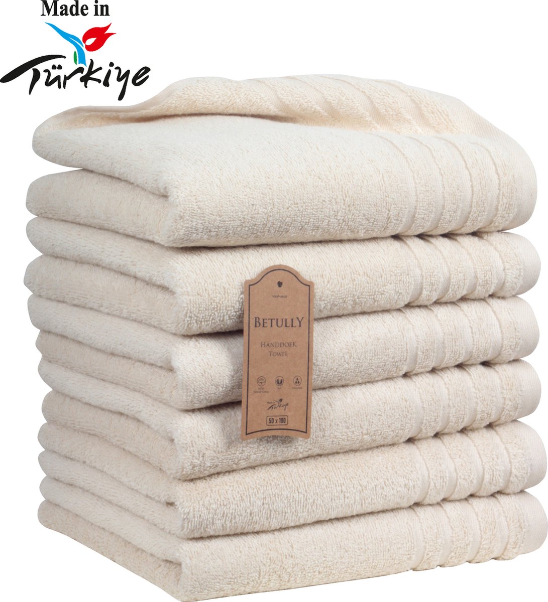 Betully ® Magnee - Handdoeken 50 x 100 cm - set van 6 - Hotelkwaliteit – Zware kwaliteit 500 g/m2 Natuur Creme