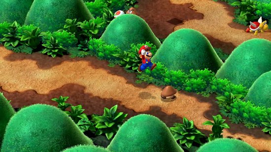 Mario rent over een zandpad tussen groene heuvels, met Goomba's en Koopa's in de buurt.