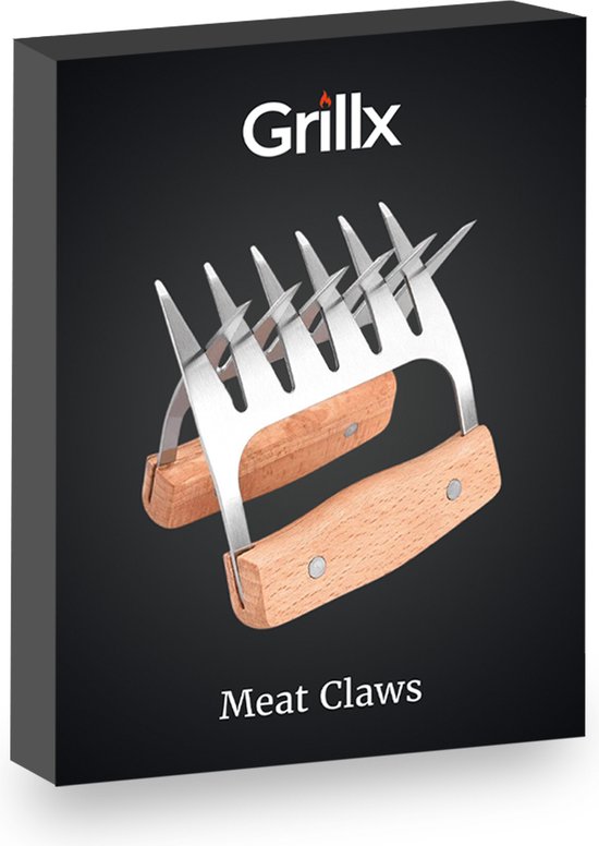 GrillX Luxe Meat Claws - Manche en bois - Griffes à viande en acier inoxydable - Broyeur à viande - Porc effiloché, poulet - Accessoires de BBQ