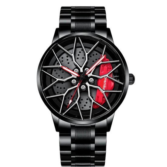 WielWatch - Horloge Porsche/Brembo - Sportauto - Horloges met stalen band- Herenmode - Velghorloge - Cadeau mannen - Autovelg - Draaiend - Autoliefhebber - horloge jongens cadeau geven
