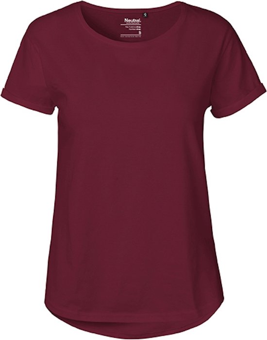 Dames Roll Up Sleeve T-Shirt met ronde hals Bordeaux - M