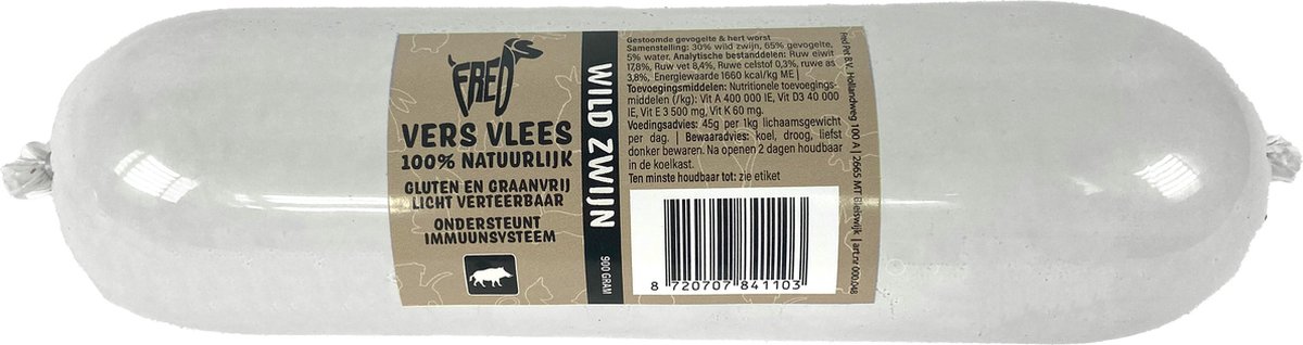 Freds Vers Vlees Worst Wild Zwijn - Graan- en Glutenvrij - 900 Gram Hondenvoer