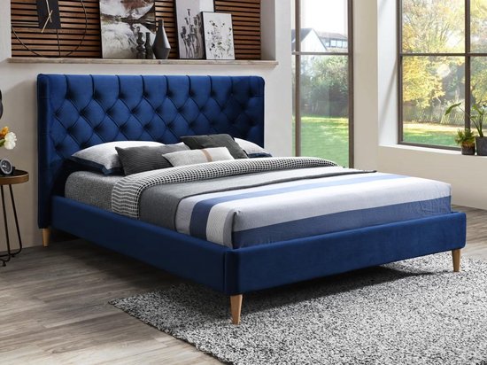 Bed 140 x 190 cm met hoofdbord met capitonnage - Velours - Koningsblauw - ENODI L 168.5 cm x H 120.5 cm x D 210.5 cm
