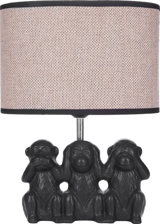 BRUBAKER Lampe de chevet trois singes sages - lampe de table singe smileys - lampe de table avec base en céramique et abat-jour en tissu - 35,5 cm de haut, noir beige