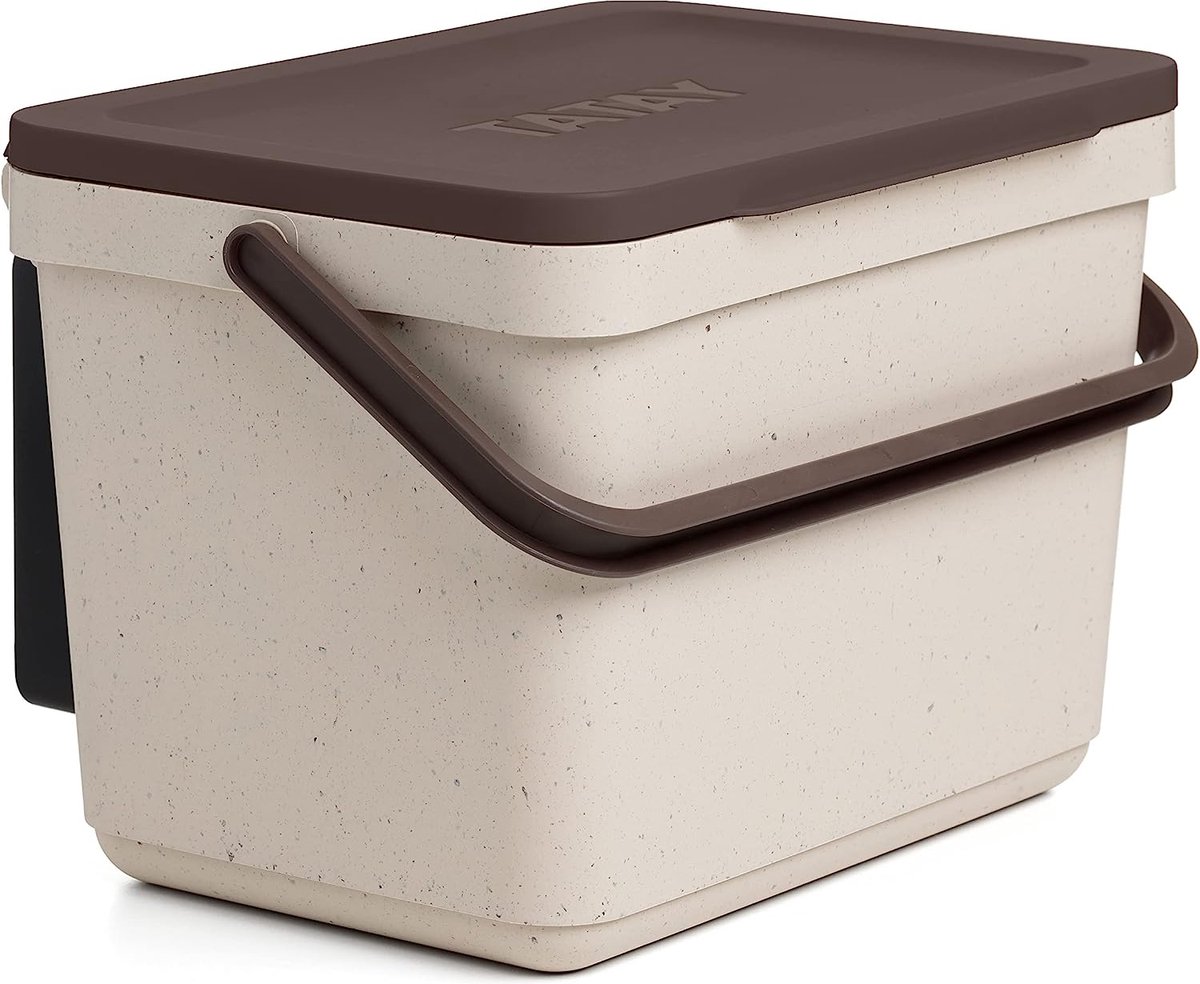 Keukencompostbak met houder, inhoud 6L, polypropyleen, gemaakt van 100% gerecyclede materialen. Kleur beige/kastanjebruin. meet 26,5 x 20,5 x 18,5 cm,