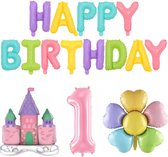 Grote folie ballonnen set Happy First Birthday Castel and Flower - cakesmash - eerste - verjaardag - 1 - ballon - folie - kastel - bloem - happy birthday