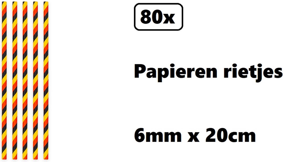 80x Papieren rietjes landen zwart/geel/rood - 100% biologisch afbreekbaar - Belgie-Duitsland - EK voetbal Thema party feest festival uitdeel rietje drinken