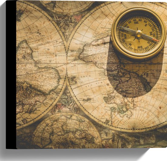 Canvas - Kompas met Wereldkaarten - 30x30 cm Foto op Canvas Schilderij (Wanddecoratie op Canvas)
