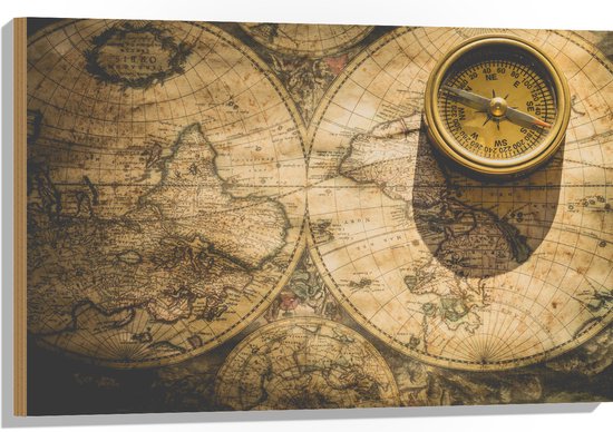 Hout - Kompas met Wereldkaarten - 90x60 cm - 9 mm dik - Foto op Hout (Met Ophangsysteem)