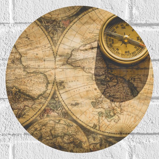 Muursticker Cirkel - Kompas met Wereldkaarten - 30x30 cm Foto op Muursticker