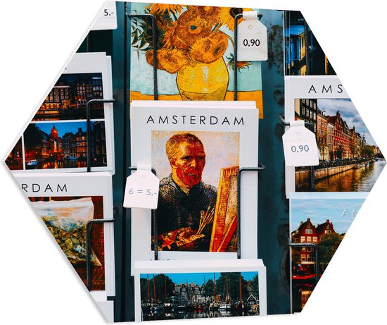 PVC Schuimplaat Hexagon - Amsterdamse Ansichtkaarten in het Rek - 70x60.9 cm Foto op Hexagon (Met Ophangsysteem)