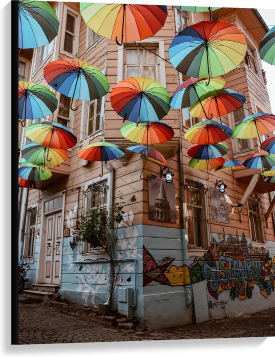 Canvas - Plafond van Kleurrijke Paraplu's in Dorpssystraat - 75x100 cm Foto op Canvas Schilderij (Wanddecoratie op Canvas)
