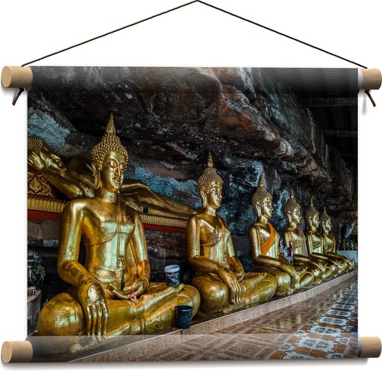 Textielposter - Rijen Gouden Boeddha's in Wat Tham Khuha Sawan Tempel in Thailand - 40x30 cm Foto op Textiel