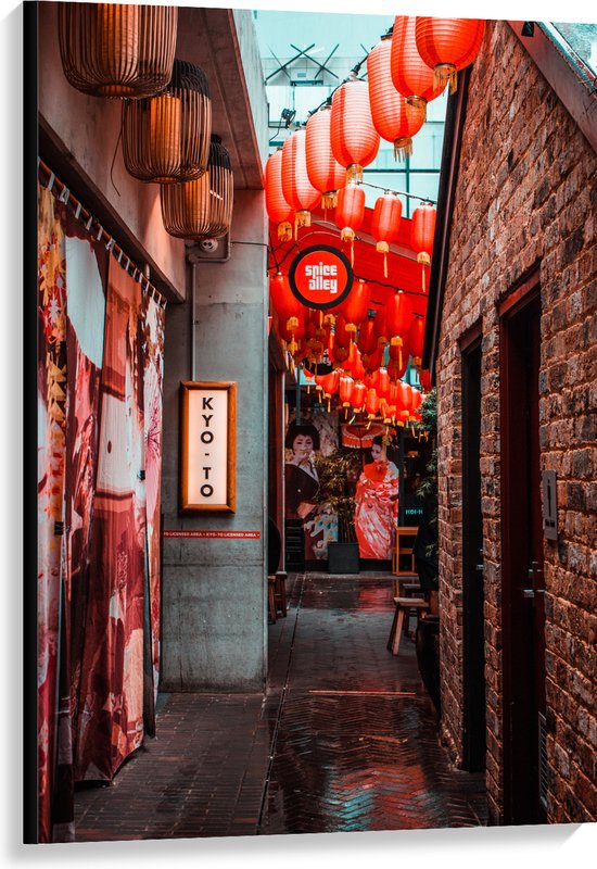 Canvas - Smalle Straat Versierd met Rode Lampionnen in Tokyo - 80x120 cm Foto op Canvas Schilderij (Wanddecoratie op Canvas)