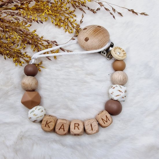 Blue or Pink - Speenkoord met naam - Choco/Bruin/Wit - Baby - Kraamcadeau - Gepersonaliseerd - Speenketting - Met naam