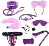 BDSM Bondage Set - Paars - Bondage Kit - BDSM set - Oogmasker - Metalen buttplug - Foxtail buttplug - Bondagetouw - Halsband - Choker - Sexy underwear - Zweep - Dobbelsteen - Sextoys - Voor koppels - Sexspeeltjes