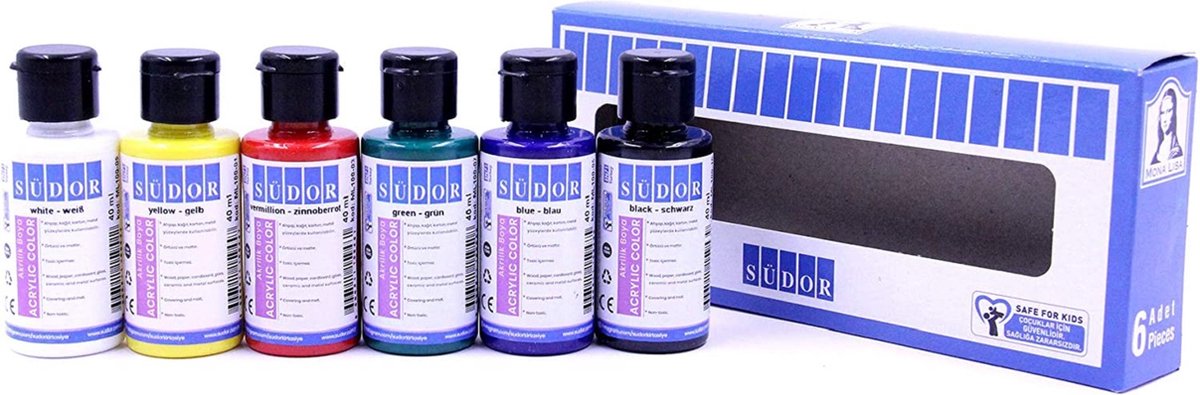 SÜDOR Acrylverfset voor kinderen en volwassenen | Universele verf voor hout, steen, canvas, polyester, papier, gips, stof, leer, metaal | Acrylverfset (6 x 40 ml basiskleuren) — afbeelding 2