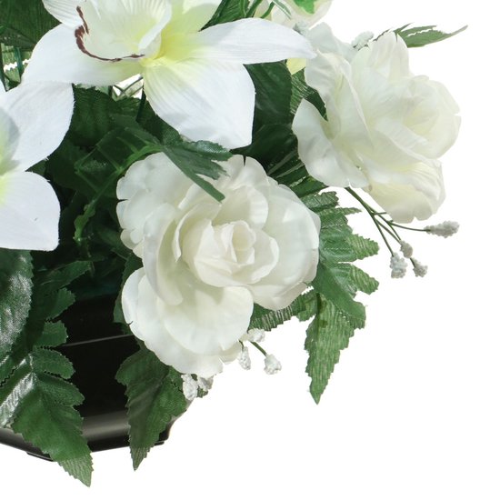 Louis Maes Plante Fleurs artificielles en pot - 2x - couleurs crème/blanc - 25 cm - Ornement de composition florale - orchidée/roses avec feuille verte