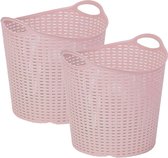 Plasticforte Gevlochten wasmand/opbergmand - 2x - flexibel - roze - 27 liter - rond - kunststof - 40 x 37 cm