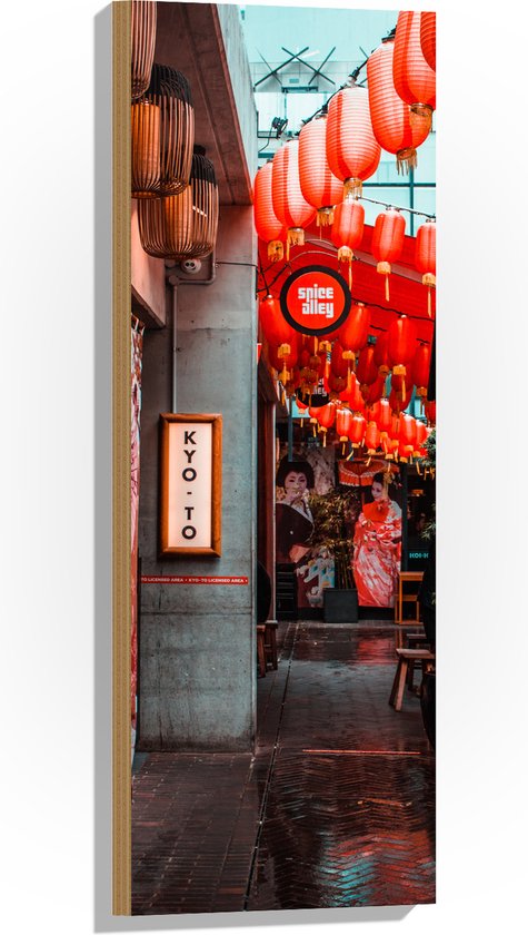 Hout - Smalle Straat Versierd met Rode Lampionnen in Tokyo - 30x90 cm - 9 mm dik - Foto op Hout (Met Ophangsysteem)
