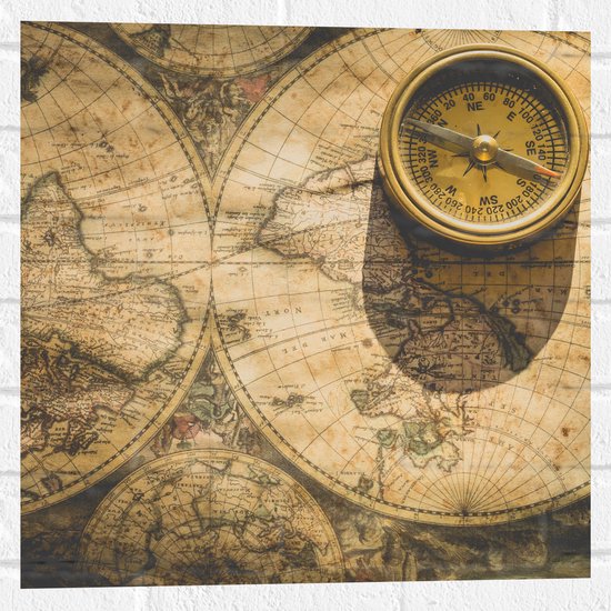 Muursticker - Kompas met Wereldkaarten - 50x50 cm Foto op Muursticker