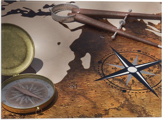 Vlag - Kompas op Wereldkaart - 40x30 cm Foto op Polyester Vlag
