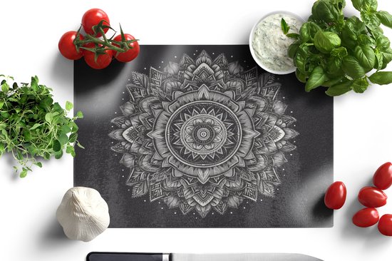 Planche à découper en Verres - 39x28 - Mandala - Zwart et blanc - Fleurs - Bohème - Nature - Planches à découper en Glas