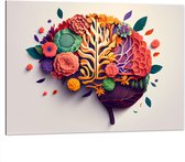 Dibond - Hersenen van Tuinman met Bloemen en Planten - 100x75 cm Foto op Aluminium (Wanddecoratie van metaal)