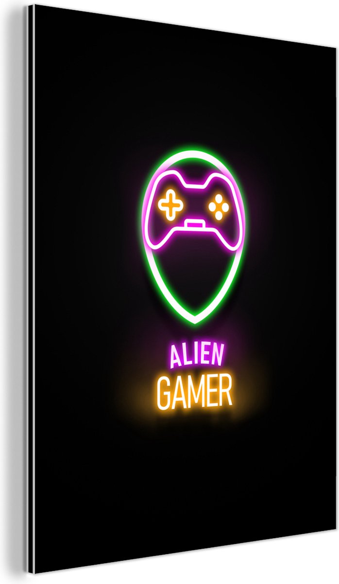 Wanddecoratie Metaal - Aluminium Schilderij Industrieel - Gaming - Quotes - Neon - Alien gamer - Controller - 60x80 cm - Dibond - Foto op aluminium - Industriële muurdecoratie - Voor de woonkamer/slaapkamer
