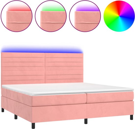vidaXL - Boxspring - met - matras - en - LED - fluweel - roze - 200x200 - cm