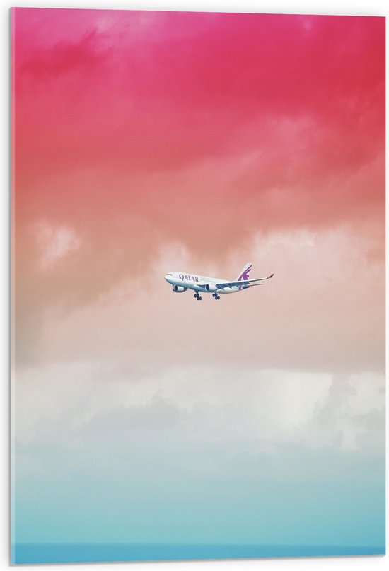 Acrylglas - Wit Passagiersvliegtuig Vliegend in Rozekleurige Lucht - 50x75 cm Foto op Acrylglas (Wanddecoratie op Acrylaat)
