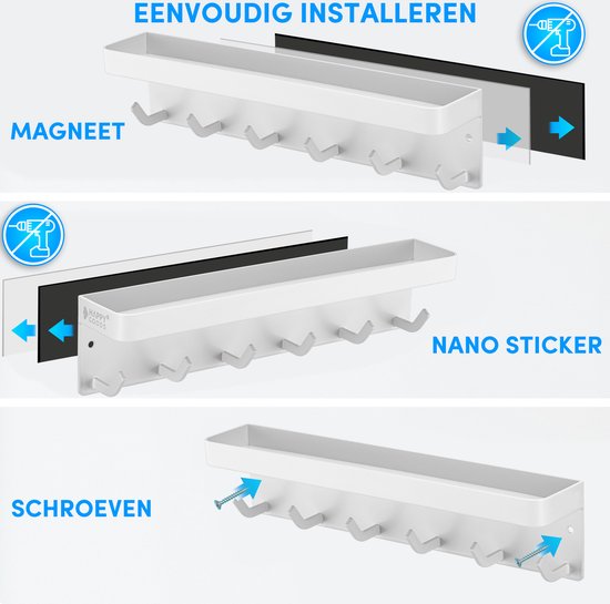 Happy Goods Sleutelrekje Wit - Zelfklevend / Magnetisch / Boren - Sleutelkastje - RVS - Sleutelhouder - Incl. Schroeven - Happy Goods®