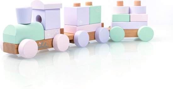 Liebelini - houten speelgoed - houten blokkentrein - Houten speelgoedtrein - stapelblokken- paars roze - 40 cm
