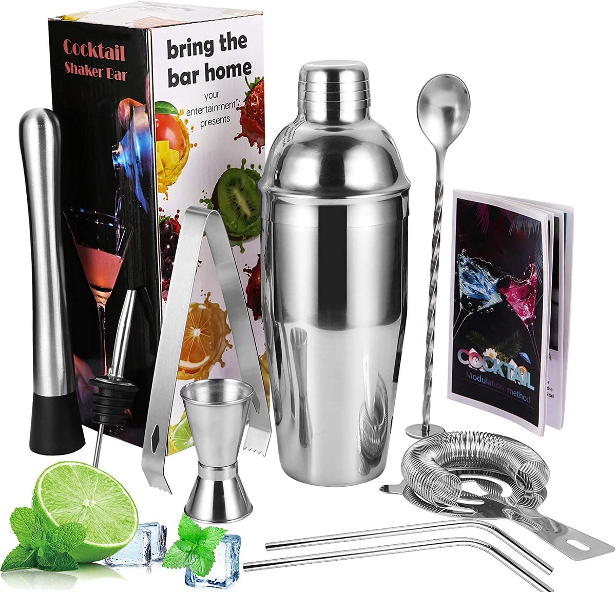 Goedkoopste Viesap Cocktail Shaker, 9-delige shaker/cocktailset, roestvrij stalen shaker set, baraccessoires, cocktailbarset met 750 ml shaker, barstamper, maatbeker, zeef, ijsclip, rietje, lepel. reductiemondstuk