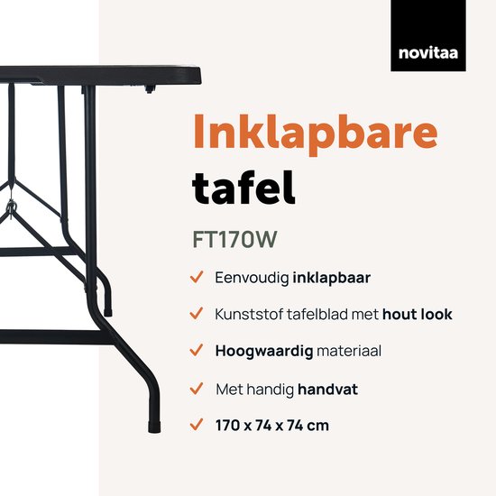 Novitaa Inklapbare Tafel - Camping tafel - Klaptafel - 170 x 74 cm - Vouwtafel - 4 - 6 Personen - Donker bruin - FT170DB
