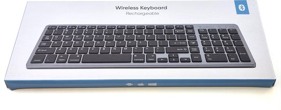 Grijze "Wireless Keyboard Rechargeable" verpakking met een afbeelding van een QWERTY toetsenbord.