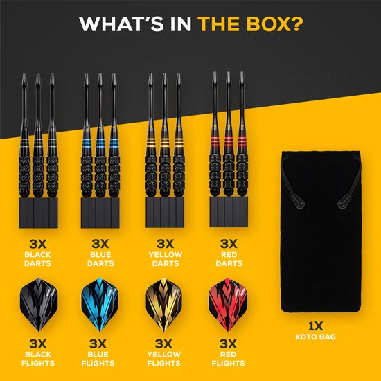 KOTO - Brass Multi Set 4 Sets Zwart Coated Messing Darts (23G) - 4 Sets of Flights (100 Micron) + Zwarte Aluminium Shafts & KOTO Dart Case