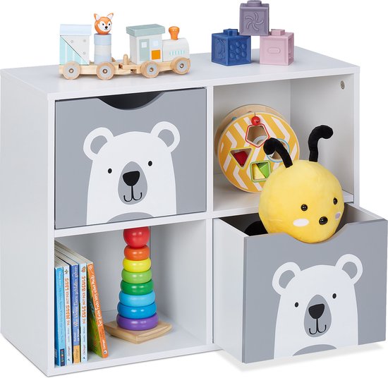 Relaxdays kinderkast beer - speelgoedkast met lades - kinderboekenkast - speelgoedrek wit