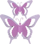 Mega Collections Tuin/schutting decoratie vlinders - metaal - roze - 24 x 18 cm - 46 x 34 cm