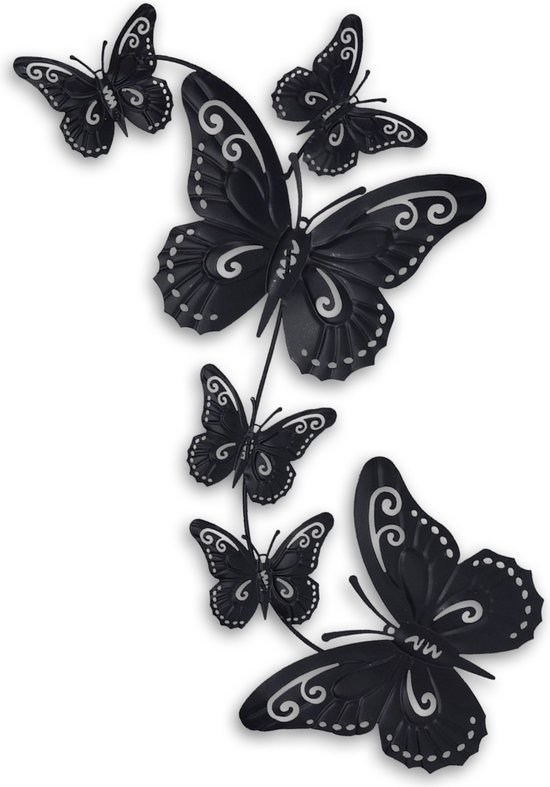 Pro Garden tuin wanddecoratie vlinders - metaal - zwart - 30 x 65 cm - muurvlinders