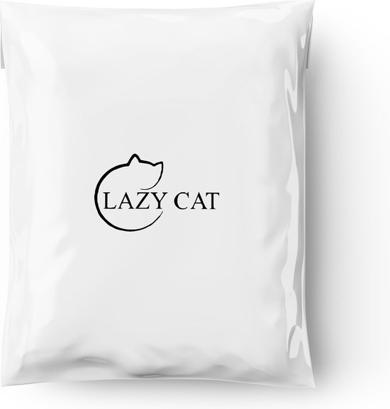 Witte verpakking met het zwarte Lazy Cat logo: een kattenkopje in een cirkel.