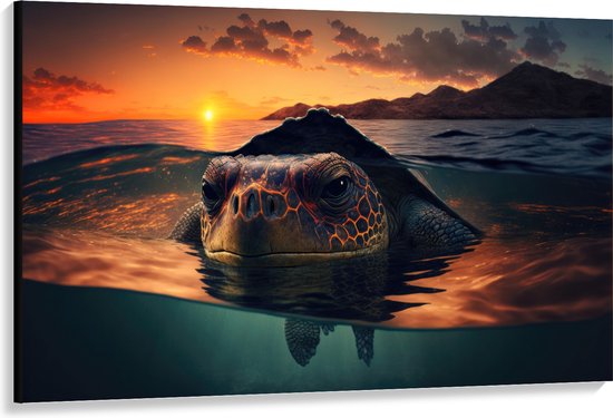 Canvas - Close-up van Boze Zeeschildpad Dobberend bij het Wateroppervlak - 150x100 cm Foto op Canvas Schilderij (Wanddecoratie op Canvas)
