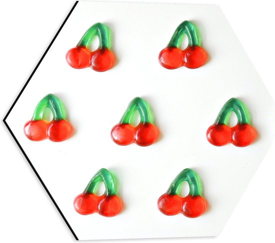 Dibond Hexagon - Kersen Snoepjes in Rijen - 40x34.8 cm Foto op Hexagon (Met Ophangsysteem)