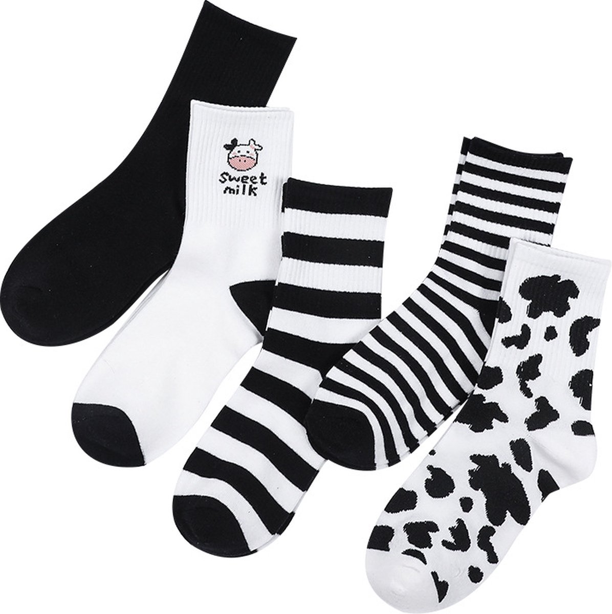 Jolly Socks - 5 Paar Hoge sokken Dames Koeienprint - Grappige sokken - Funny socks - Vrolijke sokken - Leuke sokken - Sokken Koe - Maat 35-42