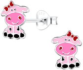Joy|S - Zilveren koe oorbellen - 6 x 9 mm - roze met rood strikje - kinderoorbellen