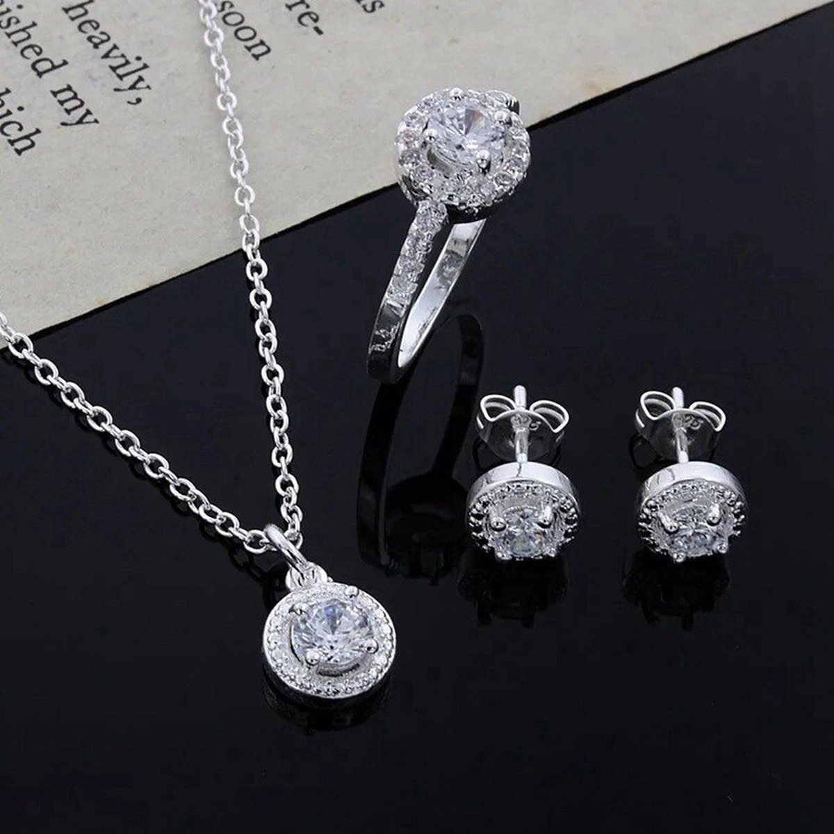 Donley - Diamanten sieraden set - Ring zirkoon - oorbellen zirkoon - ketting zirkoon - ring en oorbellenset - kettting met oorbellen diamant - Zilveren Sieraden Ketting Ring Oorbellen Set