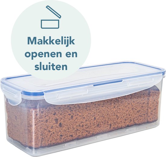 Boîte de conservation transparente avec couvercle bleu fermé, remplie de pain d'épices. Cercle avec le texte 'Facile à ouvrir et fermer'.