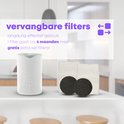 Witte luchtreiniger met geperforeerd patroon en twee extra filters, met tekst 'vervangbare filters'.