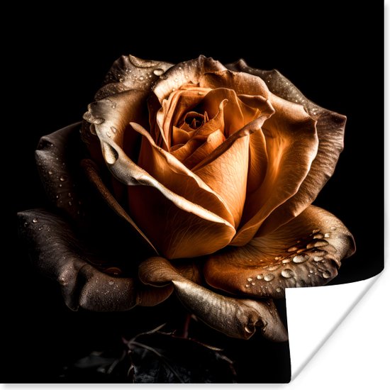 Poster Roos - Goud - Bloemen - Botanisch Zwart